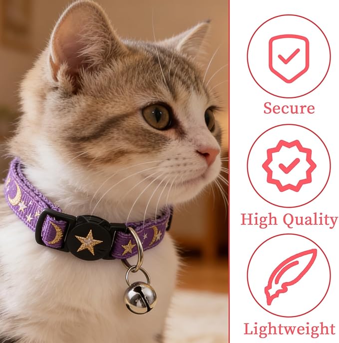 Jeffdad 4Pcs Cat Collar with Bells, Breakaway Cat Collars Kitten Collar Moons Stars Cute Kitty Safe Kitten Collars for Kitten Cats-Adjustable 8.3-13.4 Inch