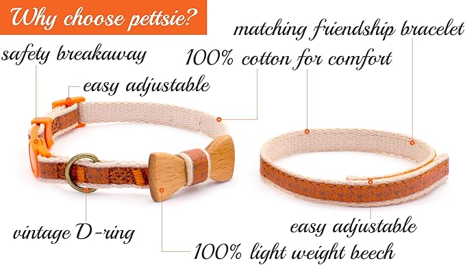 Pettsie Breakaway Cat Collar with Bow Tie and Matching Bracelet–Adjustable Cotton Kitten Collar with Safety Buckle for Cats and Small Pets–Cute Cat Gift for Owners and Cat Lovers, 8-11 Inches, Orange
