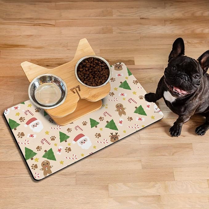 Christmas Dog Food & Water Mat, Paw Prints Santa Claus Snowman Xmas Pet Feeding Mat for Floor Non-Slip Waterproof, Super Absorbent Cat Bowl Mat, Easy to Clean Pet Placemat,12" × 20"