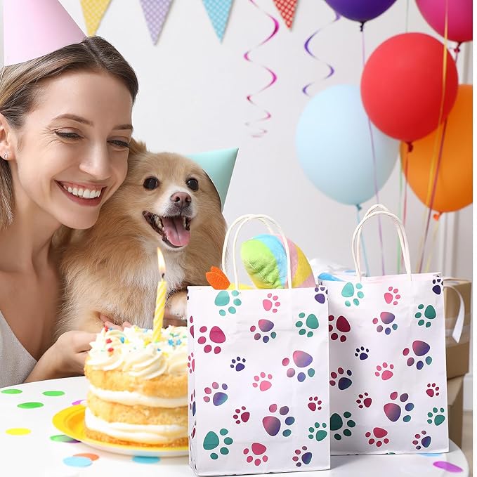 Blulu 20 Pcs Puppy Dog Paw Gift Bags with Twist Handles, Dog Gift Paper Paw Treat Goodie Bags for PET Treat Party Favor, 6.3 x 3.1 x 8.6 Inch(Pink,Purple)