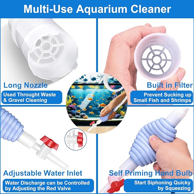 Fish Tank Cleaning Kit Set of 4 Pieces, Aquarium Siphon Algae Scraper Aquarium Net Algae Remover for Fish Tank, Aquarium Cleaner Vacuum Suitable for Changing Water and Cleaning Fish Tanks