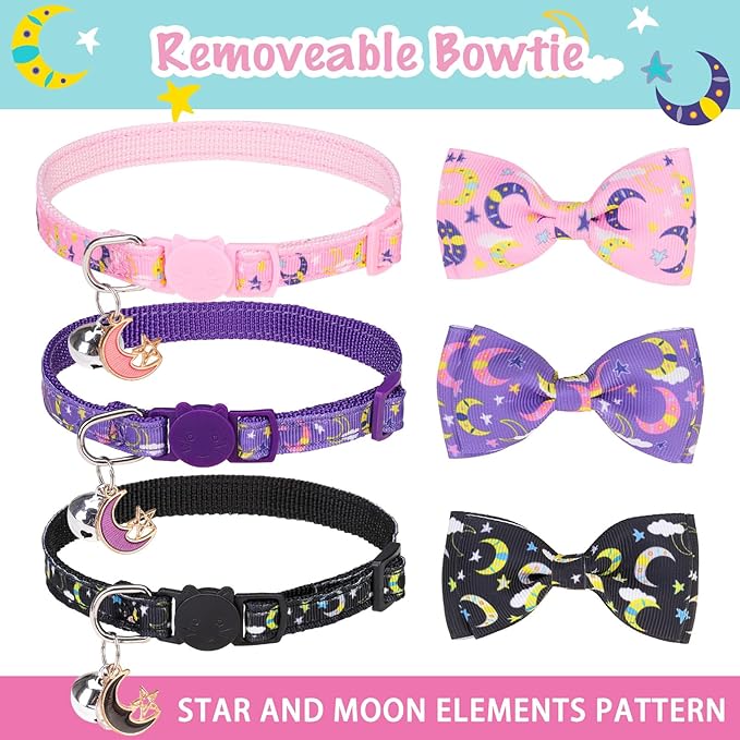 SCENEREAL Cat Collar Breakaway 3 Pack - Safety Kitten Collar with Bells Moons Stars Bowtie, Spring Summer Pet Accessory for for Girl Boy Male Outdoor and House Cats Kitty Adjustable 7''-12''