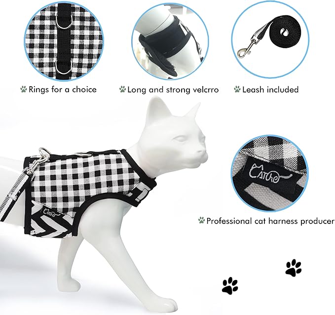 Cat Harness and Leash for Walking Escape Proof, Adjustable Cat Vest Harness, Padded Stylish Cat Walking Jackets, Black Plaid, Small