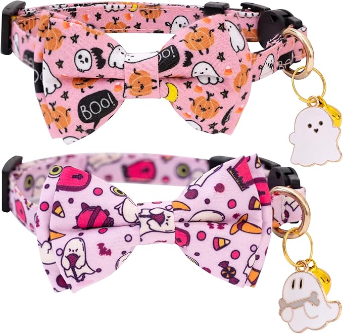 Faygarsle 2 Pack Breakaway Cat Collar Collection - Ghosts Pattern Cat Collar with Bell - Seasonal Holiday Bowtie - Fall - Pink, Purple