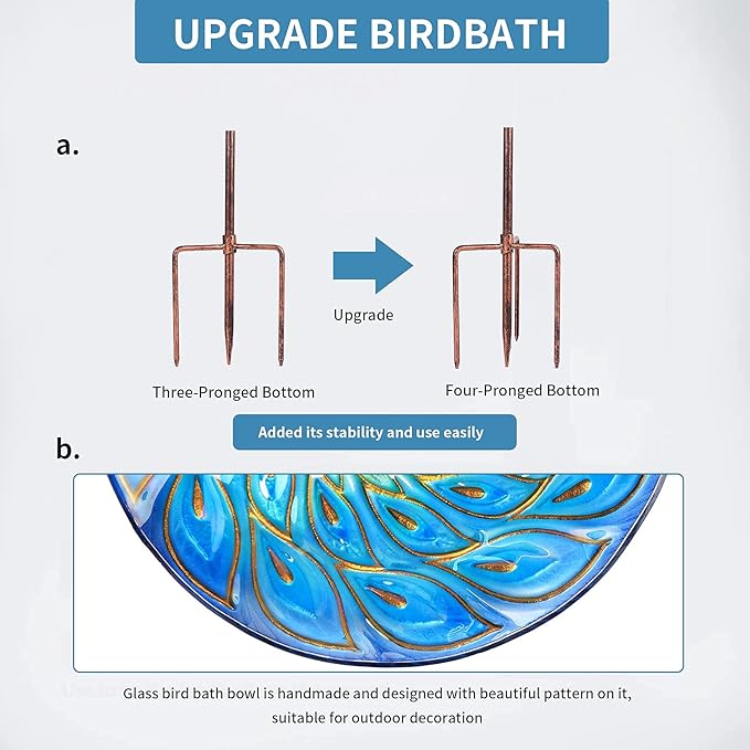 MUMTOP Glass Bird Bath, Garden Outdoor Birdbaths Birdfeeder with Metal Stake Peacock