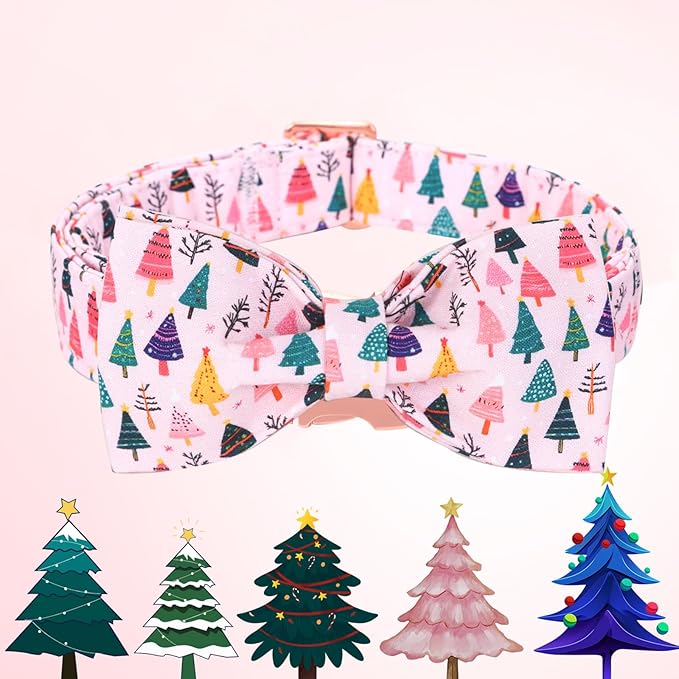 Christmas Dog Collar, Pink Christmas Tree Soft Comfortable Collars with Bow Adjustable Pet Collar with Premium Metal Buckle Dog Necklace for Large Girl Dogs