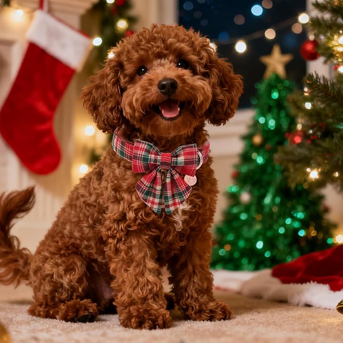 Christmas Plaid Dog Collar with Bow Tie– Adjustable Red & Green Checkered Dog Collar for Small Medium Large Dogs, Soft Xmas Plaid Puppy Collars with Quick Release Buckle XS