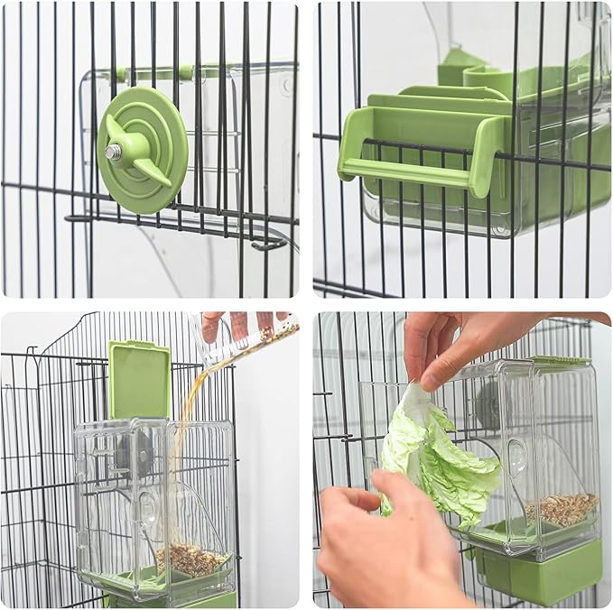 Automatic Bird Feeder, No Mess Bird Cage Feeder with Perch Multi-Functional Holder for Fruits Vegetables for Parakeet Canary Cockatiel Finch (Pink)