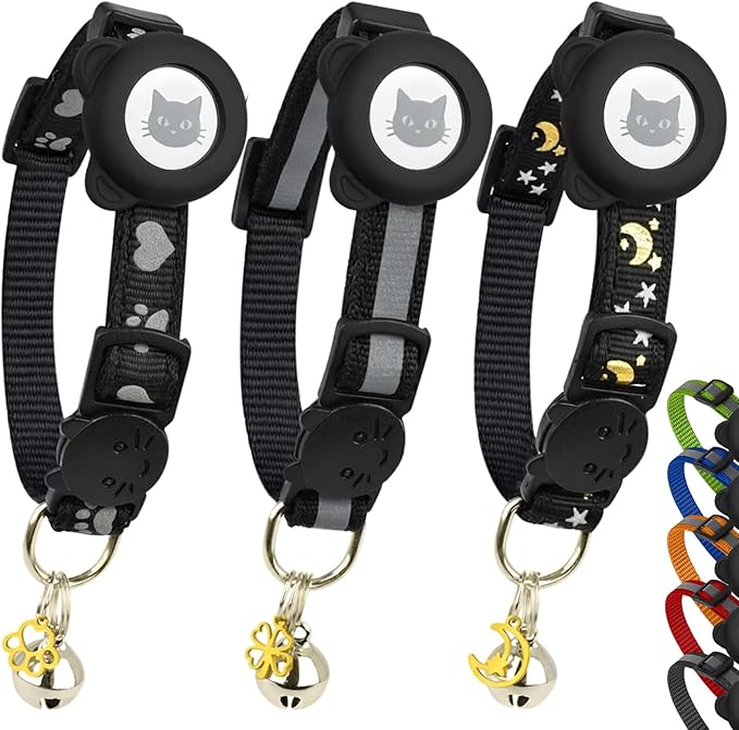 Cat Collar with AirTag Holders, 3-Pack, Reflective Breakaway Safety Collars, Bells and Matching Charms, Adjustable, Paw Hearts, Moon Stars Design, Lucky Charm, Black