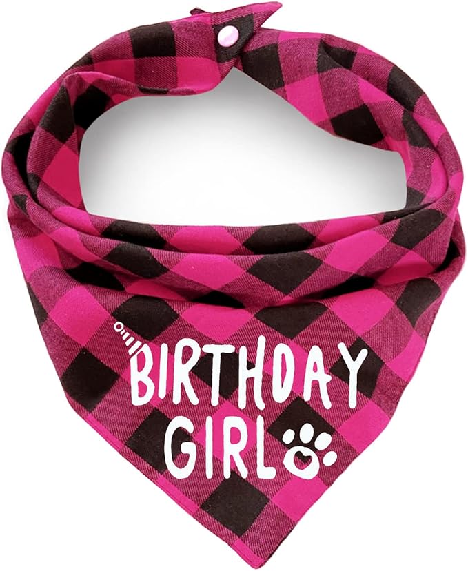 Birthday Plaid Dog Bandana with Button, Fall Dual Layer Scarf Soft Cotton Triangle Bib Girls and Boys Kerchief Adjustable Accessories for Small Medium Large Extra Large Dog Puppy Pet Cat