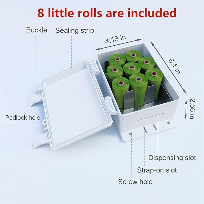 Dog Poop Bag Holder Outdoor Wall Mounted Doggie Poop Bags Storage Dispenser with 8 Rolls Small Pet Waste Station for Yard Stake, Pole, Post, Fence Mount (White dispenser+8 rolls)