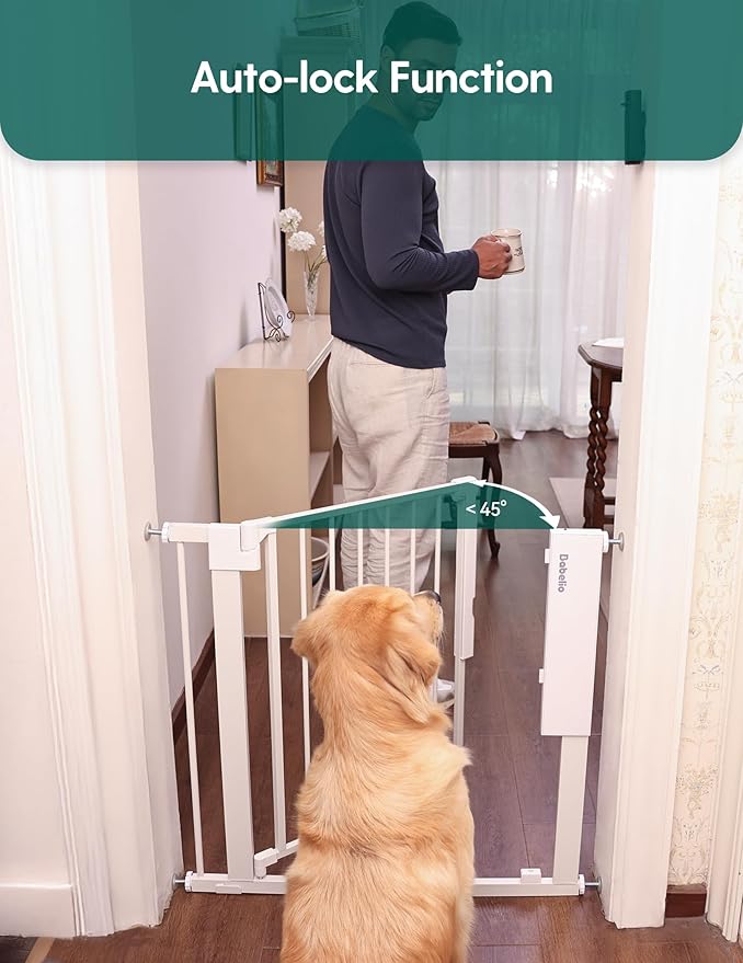 Babelio Smart Baby Gate with Auto-Unlock/Close, Pressure Mounted No Drill for Doorways/Top of Stairs. Pet/Dog Door Wide Walk Thru w/Infrared Sensor & Instant Safety Alert (White, 30.3-47.2" W, 30" H)