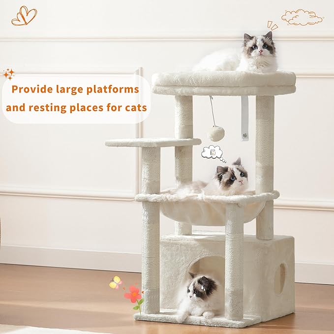 Heybly Cat Tree, Kitten Tower with Large Soft Cat Basket, Cat Condo with Spacious Cat Bed Cave with Hidden Space, Sisal-Covered Scratching Posts, Dangling Ball for Indoor Cats, Beige HCT008SM