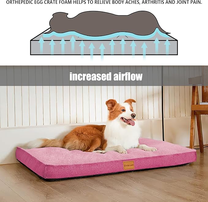 Patas Lague Orthopedic Dog Bed Large Sized Dog 36''X24'',Soft Waterproof Egg Crate Foam Medium Pet Crate Beds Mat with Removable Washable Cover and Non-Slip Bottom, Hot Pink