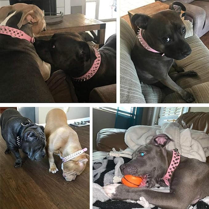 TEEMERRYCA Adjustable Leather Spiked Studded Dog Collars with a Squeak Ball Gift for Small Medium Large Pets Like Cats/Pit Bull/Bulldog/Pugs/Husky, Pink, M(12"-15")