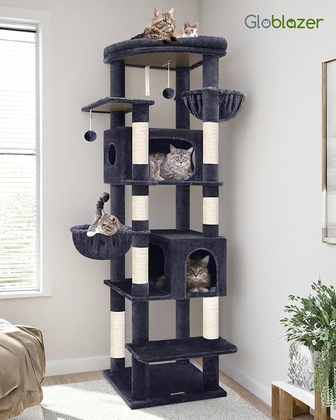 Globlazer Heavy Duty Cat Tree, 74in Sturdy Cat Tower for Large Cats Adult, Big Cat Tree with 7 Sisal Scratching Posts, 2 Padded Condos, 2 Dual-Ear Hanging Baskets, Enlarged Top Perch, S74, Dark Grey
