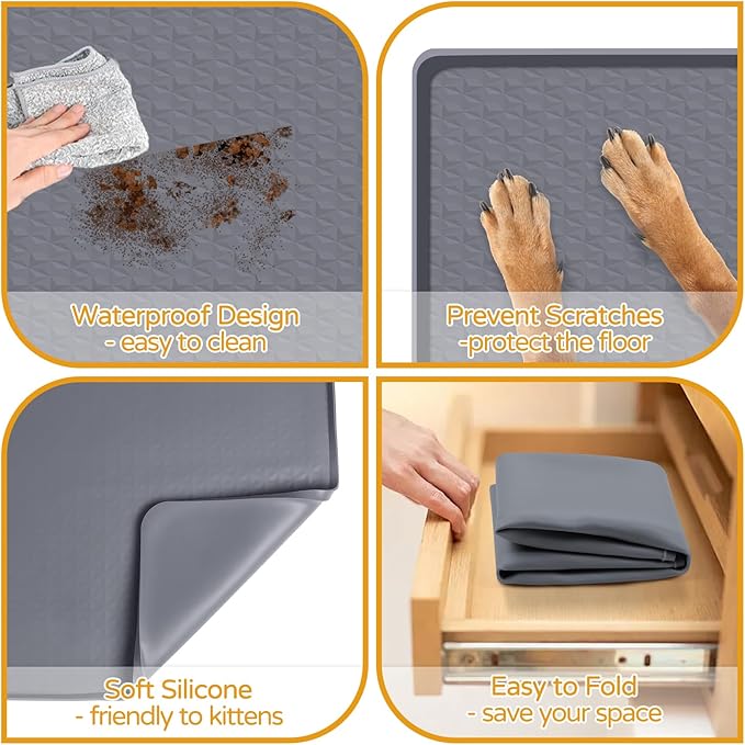 Lanstics Dog Food Mat, 51" x 26" Large Silicone Mat Dog Feeding Mat with Raised Edge Non-Slip Pet Feeding Mat for Food and Water Bowl, Easy to Clean, Floor Protection (Gray)