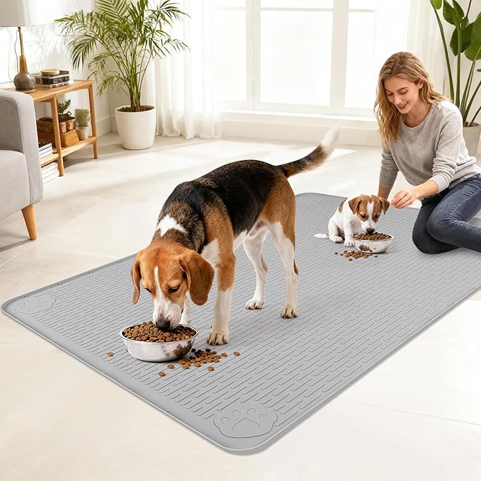 Lanstics Dog Food Mat, 40" x 28" Large Silicone Mat Dog Feeding Mat with Raised Edge Non-Slip Pet Feeding Mat for Food and Water Bowl, Easy to Clean, Floor Protection (Gray)