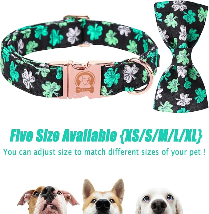 MR. CHUBBYFACE St.Patrick's Clover Dog Collar with Bowtie, White Green Clovers Shamrock Pet Collar with Metal Buckle, Soft Adjustable Puppy Collar for Small Medium Large Dogs