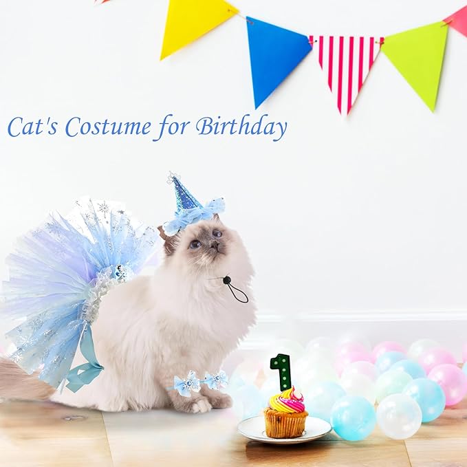 Cat Birthday Princess Costume for Kitten Crown Hat Tutu Skirt Kitten Princess Hat Cat Bandana Halloween Small Pet Outfit for Cats Kittens L