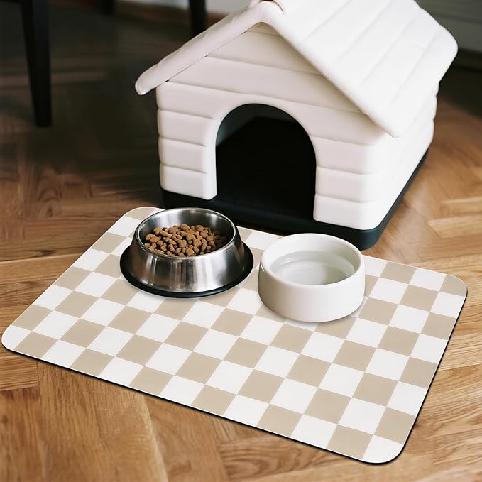 Checkered Dog Food Mat, Absorbent Leak-Proof Pet Feeding Mat, Quick Dry Cat Food Mat for Messy Drinkers 16" x 24" Khaki