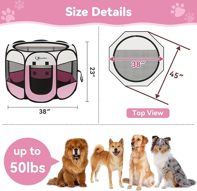 Pink Puppy Playpen for Large Dog Cat, Dog Tent Crates Cage Indoor/Outdoor, Portable Pop Up Dog Kennel with Carrying Bag for Rabbits, (Pink, Large)