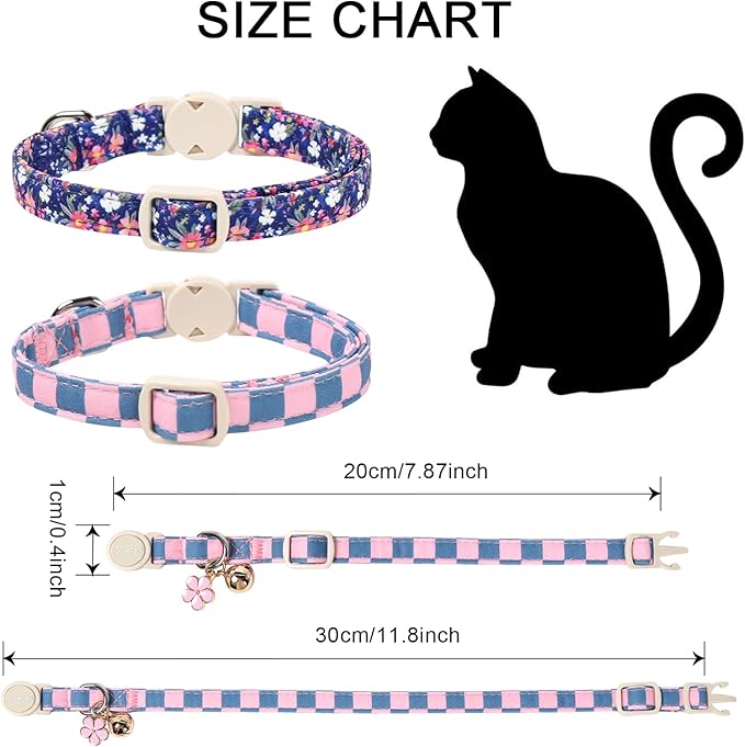 2 Pack Flower Cat Collars Breakaway with Bell, DOGWONG Safety Buckle Blue Plaid Cute Cat Collar for Girl Boy Cats，Adjustable 7-12 Inch