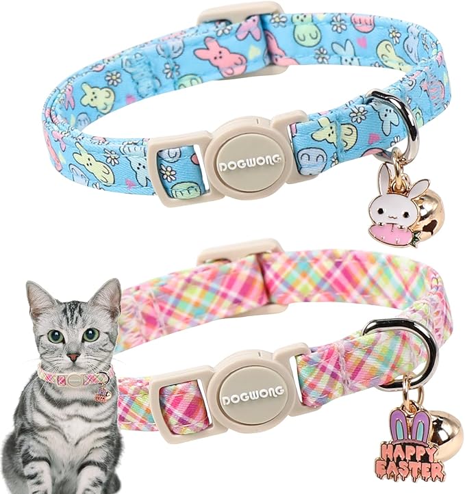DOGWONG 2 Pack Easter Day Cat Collar Breakaway,Safety Adjustable Easter Plaid Rabbit Cat Collars with Bell for Kitten