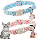 DOGWONG 2 Pack Easter Day Cat Collar Breakaway,Safety Adjustable Easter Plaid Rabbit Cat Collars with Bell for Kitten