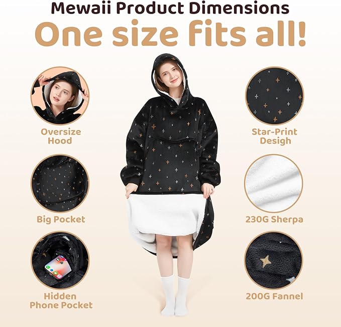 Mewaii Wearable Blanket Hoodie for Adults, Warm Sherpa & Soft Flannel Long Sweatshirt with Giant Pocket, Cozy Gifts for Women