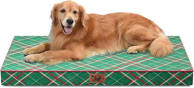 Outdoor Extra Large Dog Bed, Waterproof Dog Bed for Large Dogs, Egg Crate Foam XL Pet Bed with Removable Washable Oxford Cooling Cover, Christmas Plaid