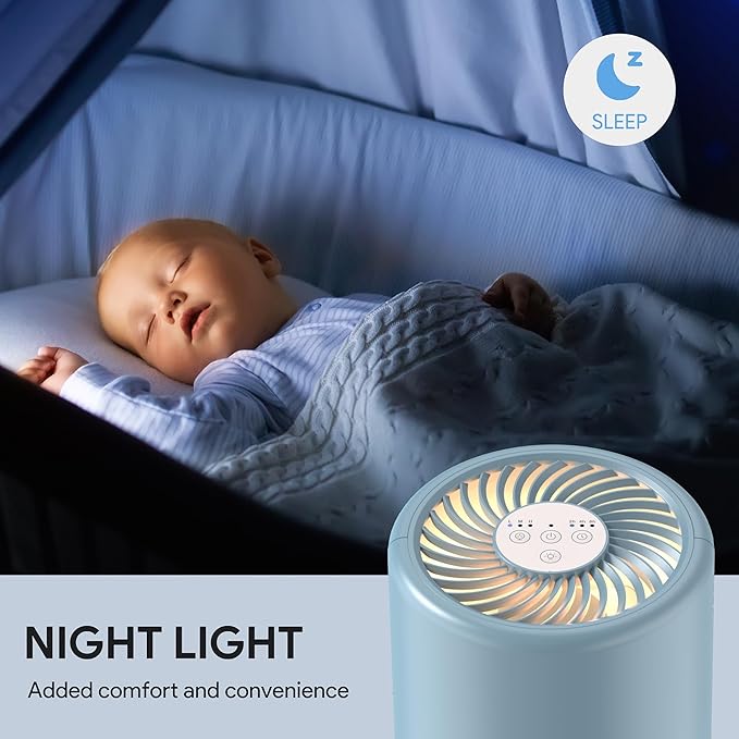 FULMINARE Air Purifiers for Home Bedroom H13 HEPA Air Purifier, 3 Speeds, Timer, 24dB, Small Mini Air Purifier with Night Light, Mist Blue
