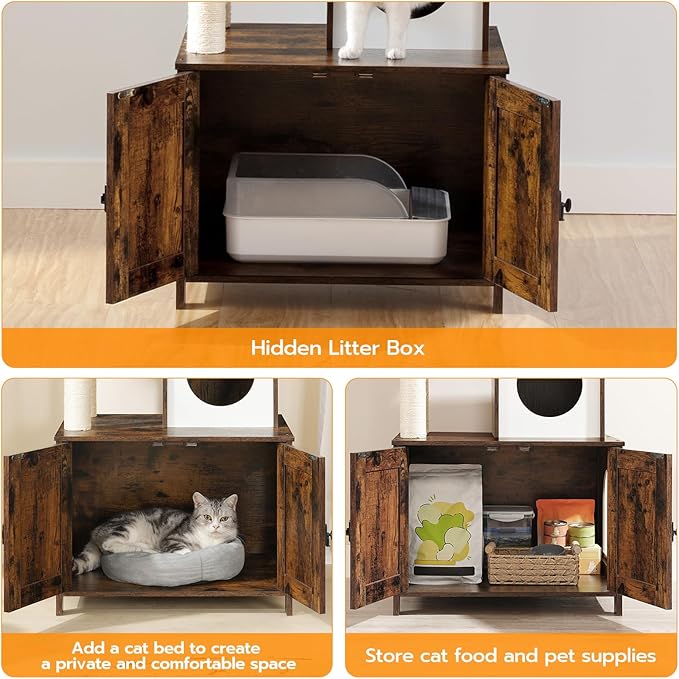 HOOBRO Cat Tree with Litter Box Enclosure for Indoor, Wooden Cat Condo with Scratching Posts, Hidden Litter Box Furniture, All-in-One Cat House, Rustic Brown FG15MZ03