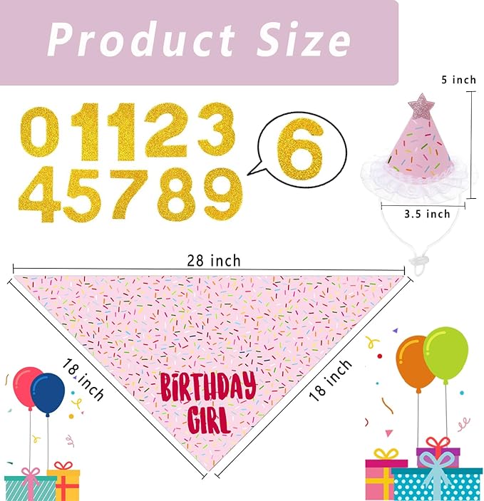 Dog Birthday Bandana Set, Light Pink Birthday Girl Decorations, HBD Party Supplies with Hat Bandana Numbers for Pets (Light Pink)