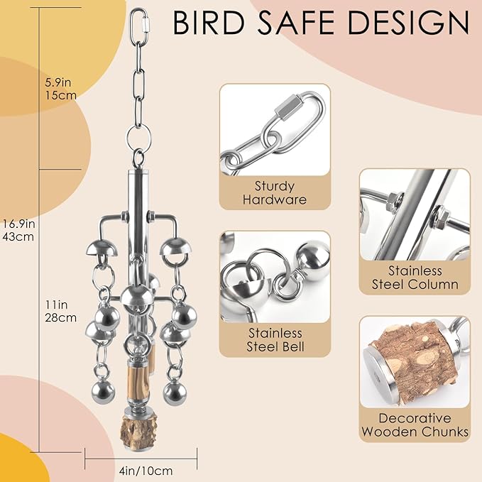 KATUMO Large Bird Toys, Natural Wooden and 304 Stainless Steel Bell Toy for Parrots, 1.46 LB Heavy Birds Cage Toy for Amazon Parrot, African Greys, Budgies, Lovebirds, Cockatiels,Cockatoo