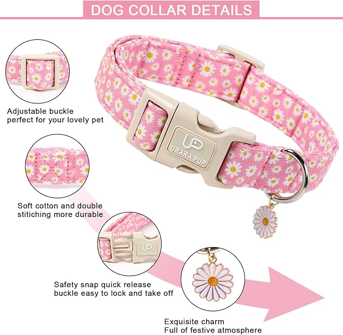 Daisy Dog Collar, Summer Cotton Dog Collar with Quick Release, Gift Pink Collars for Small Medium Large Girls or Boys Dogs Cute Durable Comfortable Pet Collars