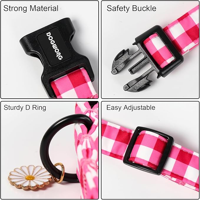 DOGWONG Pink Checkered Dog Collar, Cute Pink Plaid Dog Collars, Adjustable Girl Female Pet Collars Design Dog Collar for Small Medium Large Dogs