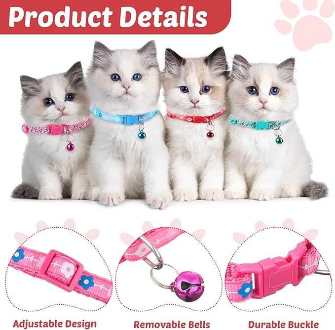 Yunsailing 24 Pcs Cat Collars with Bells for Litter Cat Puppy Soft Nylon Whelping Adjustable Reflective Kitten Collars for Newborn Pets Dogs Kitten, Assorted Colors(Cute Pattern)