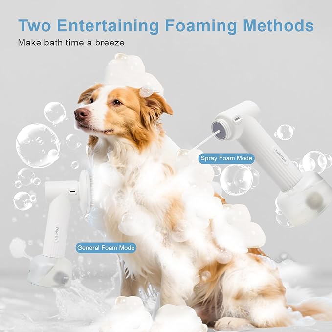 Pet Electric Foaming Dog Shampoo Dispenser with Brush for Dogs Bathing, Soft Brush, Massaging and Grooming, Bubble/Spray Mode, Rechargeable Dog Foam Sprayer Soap Dispenser for Short/Long Haired Pet