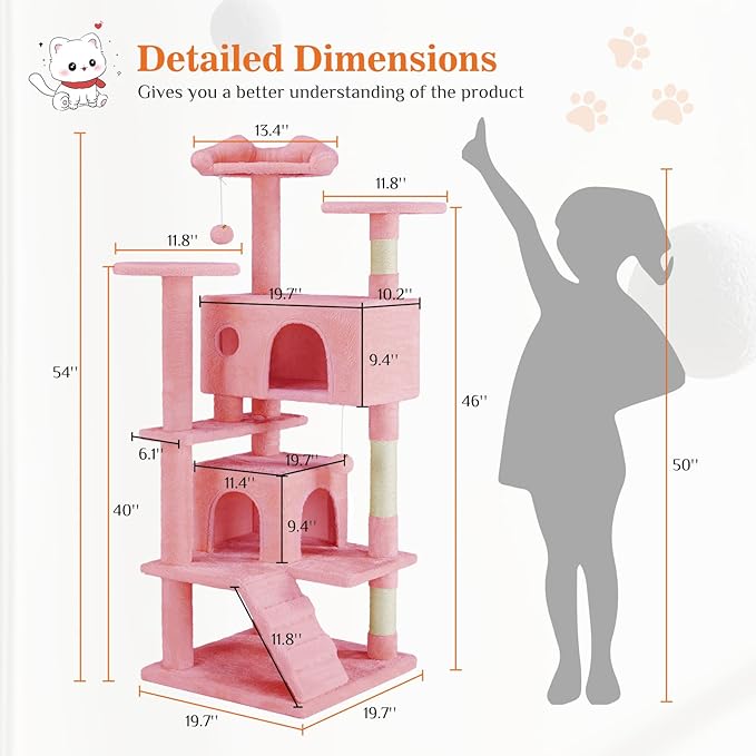 Sweetcrispy 54-Inch Cat Tree Tower – Multi-Level with Sisal Scratching Post, Perfect Pet Gift, Indoor Condo with Climbing Ladder, Plush Toy, and More Animal Stuff, Pink