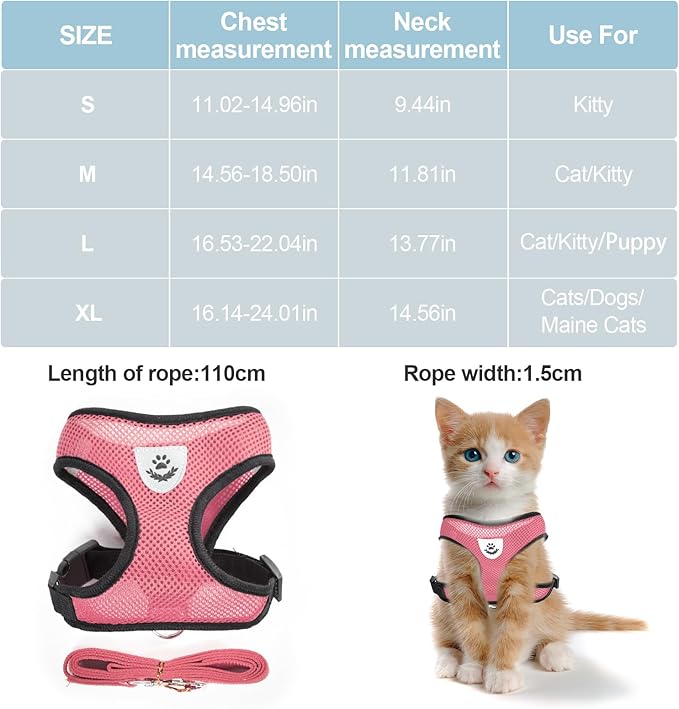 shudyear Summer cat Chest Harness and Leash, Anti-Escape Adjustable Soft mesh cat Leash and Chest Harness Set for All Types of Cats cat Vests(Size L,Pink)
