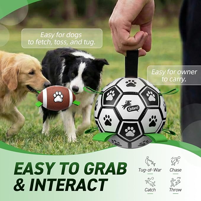 QDAN Dog Soccer Ball Football Set - 2 PCS Dog Balls with Strap for Tug of War, Soccer Ball Football Toys for Small Medium Large Dogs, Herding Ball for Dogs, Dog Birthday Toy