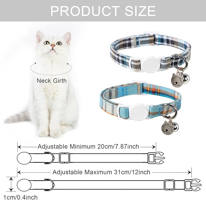 Lionet Paws 2pcs Pack Cotton Cat Collar,Breakaway Buckle with Blue Grid and Brand Pendant Cute Adjustable Cat Kitten Collar,Ideal for Girl Cats Boy Cats
