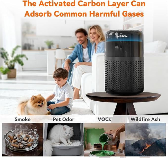 AIRROMI HEPA Air Purifier for Bedroom&Home,Pet Air Purifier for Home Pets,Removes Pet Odor,Cat Litter Smell,Dust,Smoke&Allergies,Quiet Room Air Purifier with Scents,360°Air Cleaner,A2005 Black