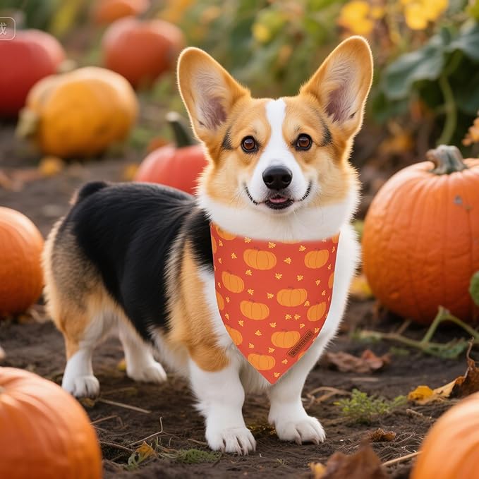 ADOGGYGO Thanksgiving Dog Bandanas 2 Pack, Reversible Pumpkin Turkey Pet Scarf, Premium Fabric, Adjustable Fit Orange Thanksgiving Bandanas for Small Dogs (Small)
