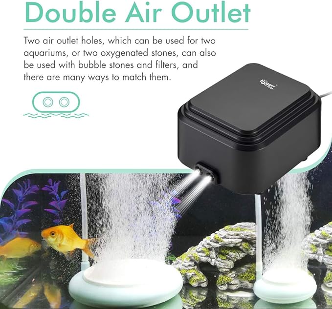 hygger Quiet <30dB Aquarium Air Pump, Adjustable Low Decibel Oxygen Fish Tank Pump 2 Air Outlets Ultra Silent Powerful Aerator Pump with Accessories Max 80GPH/160GPH/255GPH(10W, Up to 600Gallon)