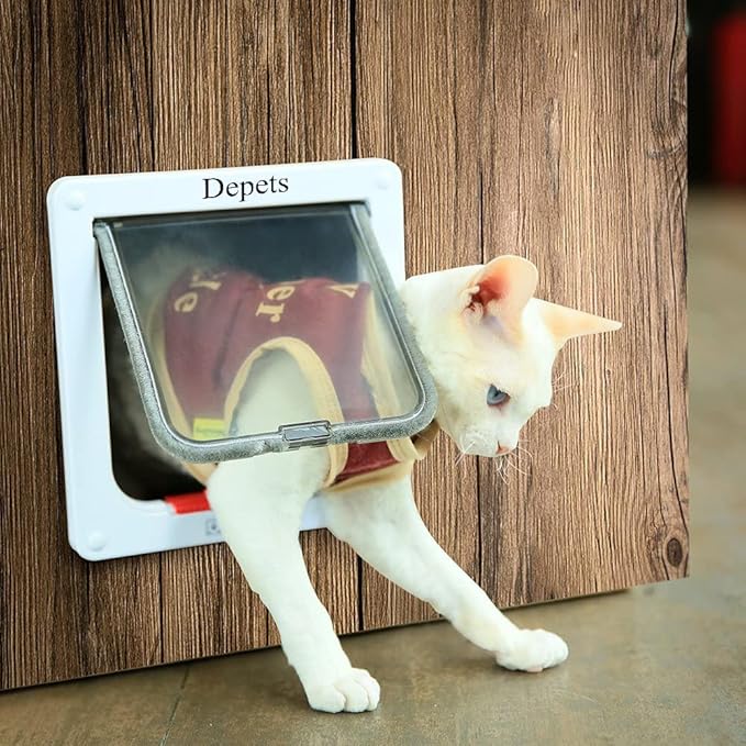 Depets Medium Cat Flap Door with 4 Way Lock (Outer Size 7.5" x 7.8"), Magnetic Pet Door Kit White, Weather-Resistant Cat Door for Cats & Doggy