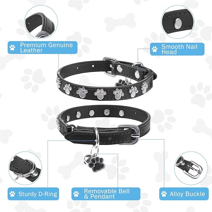 SCENEREAL Leather Cat Collar with Bell and Rivet, Personalized Stud Pet Collars with Safety Elastic Belt and Cute Paw Charm, Adjustable Soft Kitten Puppy Accessories for Boys Girls Cats, Black