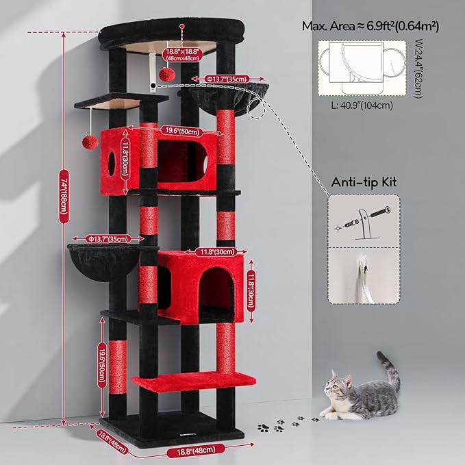 Globlazer Gothic Heavy Duty Cat Tree, 74in Sturdy Goth Cat Tower for Large Cats Adult Big Cat Tree with 7 Scratching Posts, 2 Padded Spacious Condos, 2 Hanging Baskets, Enlarged Perch, S74, Red Black