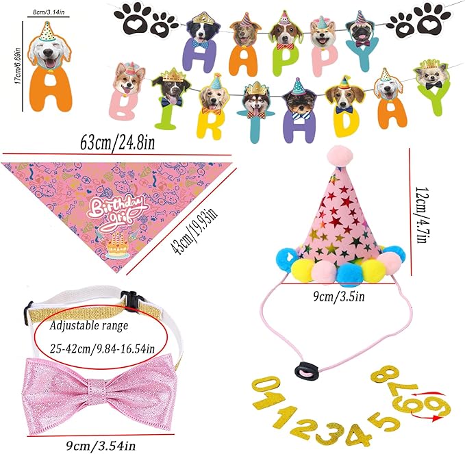 Happy Birthday Dog Party Supplies Kit - Dog Party Hat, Bandana, Bowtie & Happy Birthday Banner Decorations for Small Dogs, Puppy Birthday Outfit Accessories & Pet Birthday Party Decor (Pink)